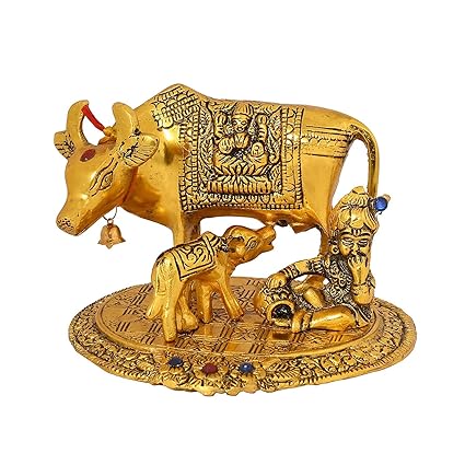 Vatikala Metal Kamadhenu Cow with Calf and Laddu Gopal